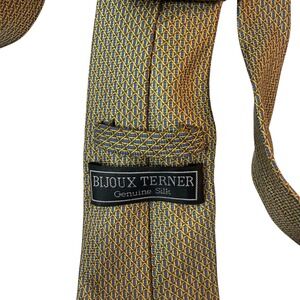 Vintage Bijoux Terner 100% Silk Tie Mens Gold Blue Silk Geometric Handmade Chic